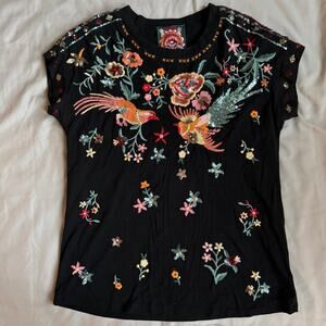 Johnny Was, Black, Sequin/Embroidered, Soha Relaxed, Short Sleeve Tee- XXS